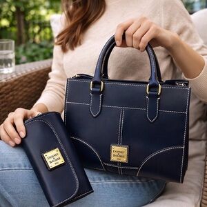 Dooney & Bourke Florentine Leather Satchel + Wristlet Set | NWT| Navy & Gold